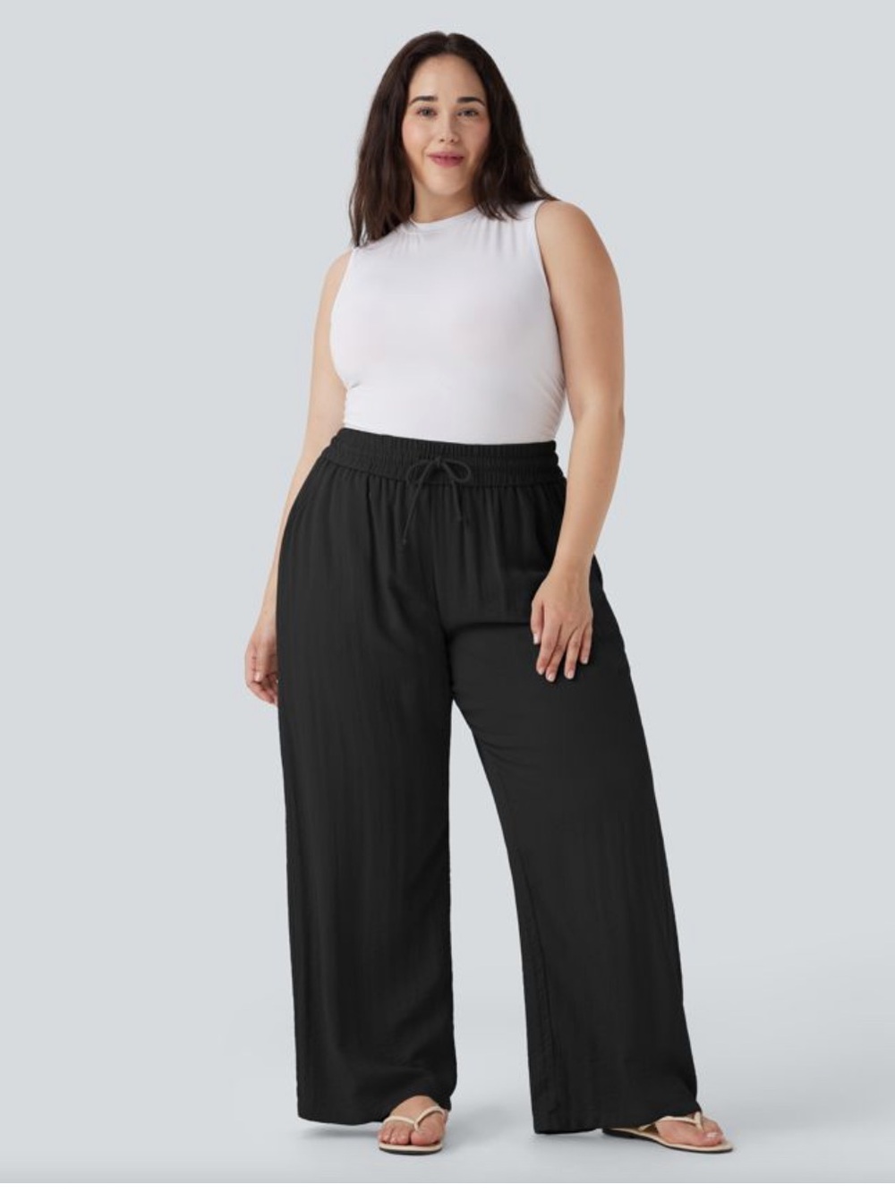 High Waisted Drawstring Linen-Feel Wide Leg Casual Plus Size Pants with Pockets